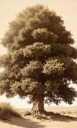 a very large green tree in the middle of nowhere,an old baoev tree in the desert is shown
