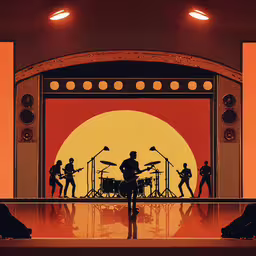 some musicians and the band on a stage,silhouettes of musicians are seen on a stage