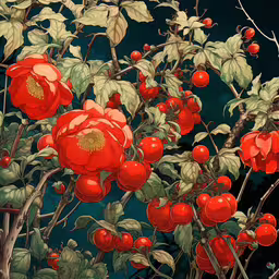some very pretty red flowers by a tree,a painting of apples growing on the branches of a tree
