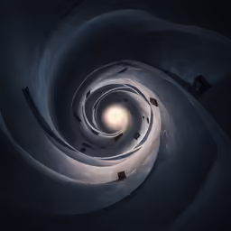 a light at the top of a spiral stair railing