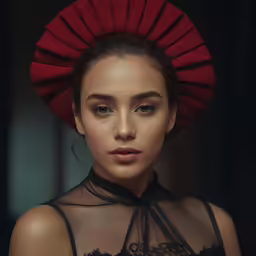 a woman in a red hat and sheer lingerie