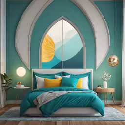 modern bedroom featuring an arched window and a turquoise and gold color scheme