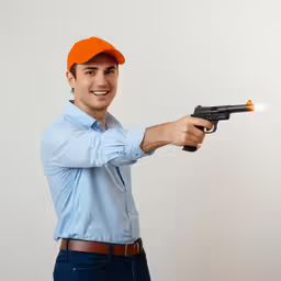 a smiling young man holding a small toy gun