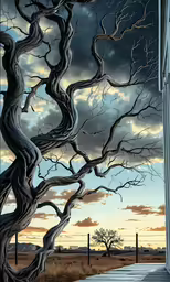 an abstract painting of a house and a tree