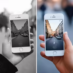 two photographs side by side, one with an iphone, and the other shows a street with a person walking