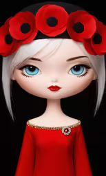 a doll with red roses on her head