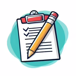 a clipboard and pen in front of a blue circle