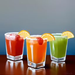 three different colored drinks sit on the table