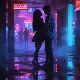 two people are standing together in the fog