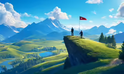 two people stand at the top of a cliff and hold onto a red kite