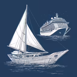 a drawing of a ship, and another boat with sail