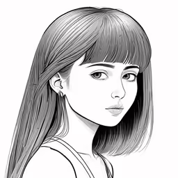 a girl with long hair and bangs is shown in black and white