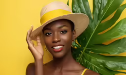 the beautiful woman has a yellow dress and a big straw hat on