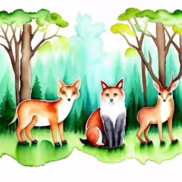 two foxes, one sitting on the ground and another standing on the ground,three foxes standing next to each other near trees,a fox, foxes and bird are sitting together in the grass,fox, fox and cub in a forest,three foxes are in the woods with some trees