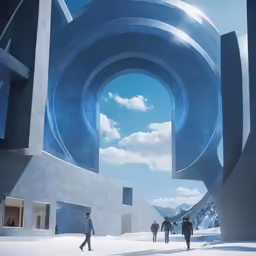 a group of people walking around a futuristic city
