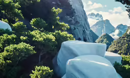 a painting of snow and trees with mountains in the background