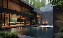 a pool sits in front of a modern house