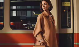 woman with beige coat holding hand bag by subway