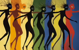 a painting of a group of people holding hands, standing