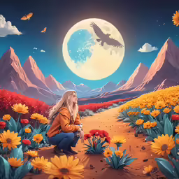 a painting of a woman kneeling down in flowers