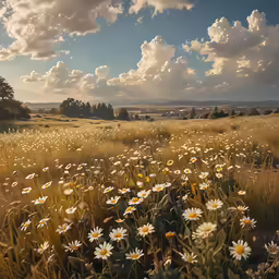 wildflowers and grasses on the ground with sun rays