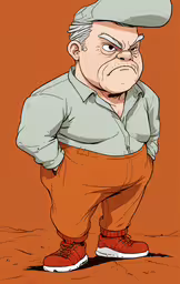 a cartoon character with a hat and orange pants,a man in brown pants and blue shirt standing with a hat on