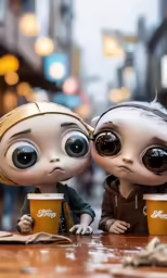 two little monsters sitting down at a table