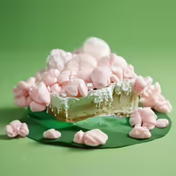 marshmallow toppings and cake sitting on a green table