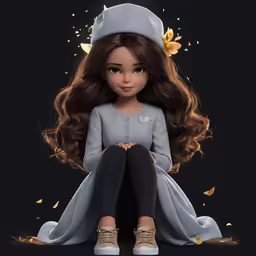 a doll with long hair sits on the floor wearing grey coat and hat