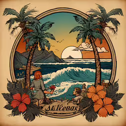 a painting of a person at the ocean with palm trees and mountains in the background,a cartoon drawing of a surfer and his family in front of the beach