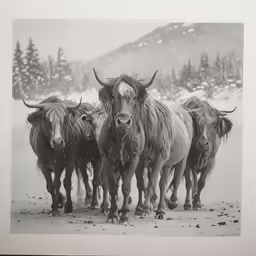 a herd of cattle walking along a snow covered slope