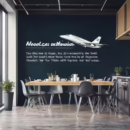 a room with chairs and an airplane wall sticker