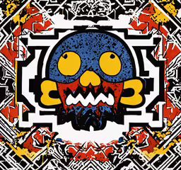 the head of a monster is shown in a circular design,a colorful skull with a huge mouth and two large eyes