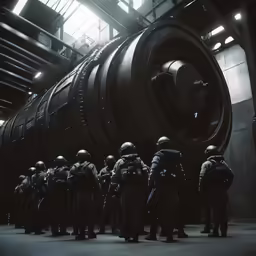 a group of men wearing suits standing in front of some large tanks