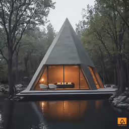 the front of a triangular shaped house sitting on top of a lake