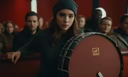 the woman is holding a gong in the middle of the crowd