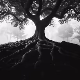 a black and white photograph of a tree on a foggy day