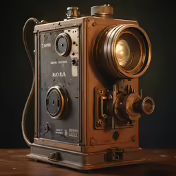 an old - fashioned, brown and black camera on a wooden table