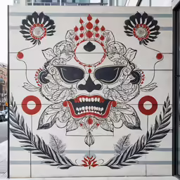 a mural with a skull, sunglasses and some feathers on it