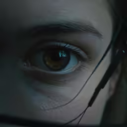 a persons eye with headset and eye glasses on it