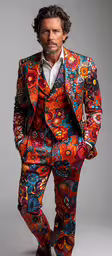 a very well dressed man posing in an unusual suit,a man dressed in a multi colored suit and matching jacket