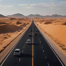 long road lined with vehicles in the desert