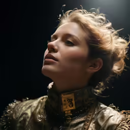 a woman in gold is looking upwards and into the air