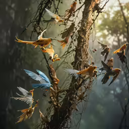 several different kinds of birds flying by a tree