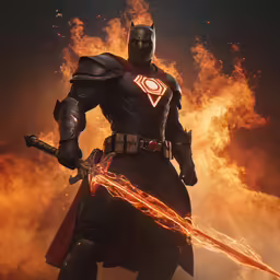 a batman movie character is holding a sword and standing in front of fire