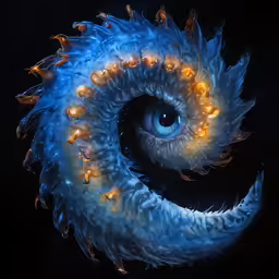 an eyeball made with bright blue and orange glowing eyes