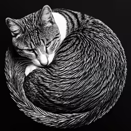 black and white photo of a cat curled up