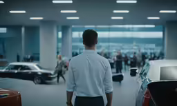 a man walking through an auto show in front of vehicles