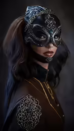 a woman wearing a mask and necklace standing in a dark room