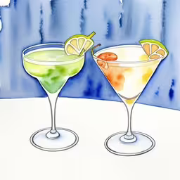 a watercolor drawing of two cocktail glasses next to each other,two glasses of different flavors with lime, lime and cranberry